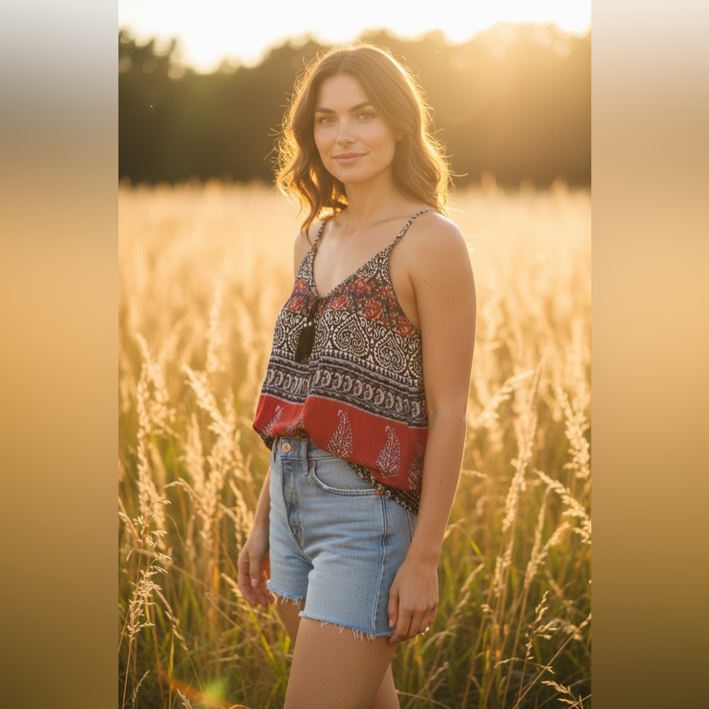 Wet Seal Boho Paisley Patterned Tassel Tie Split Neck Camisole Tank Top